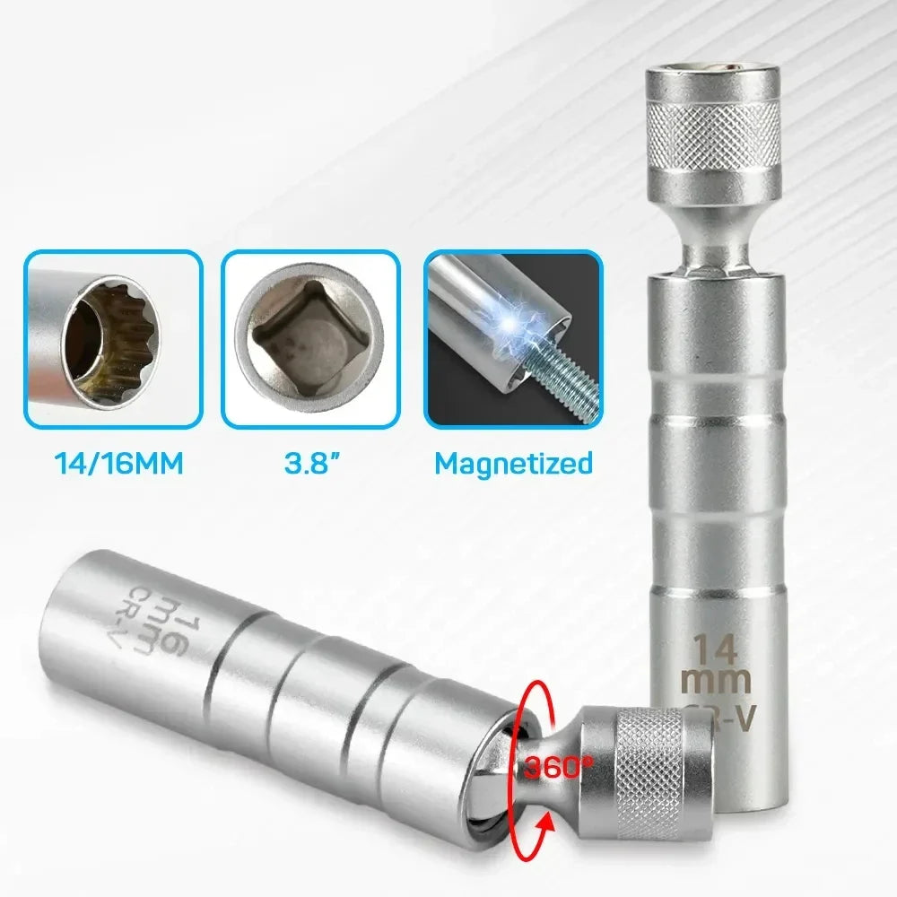 16mm With Magnetic Thin Wall Universal Joint Spark Plug Socket 12 Angle Flexible Socket Wrench Car Repair Tool