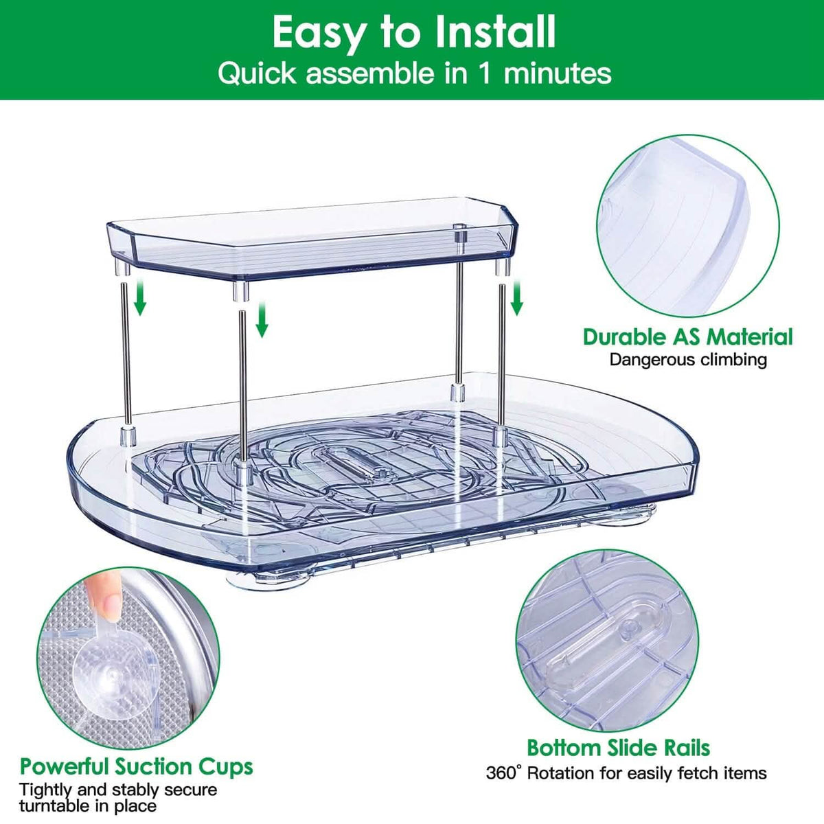 2-Tier Turntable Organizer Rectangular Refrigerator Spinner Storage Rack with 360° Rotatable Slide Rail