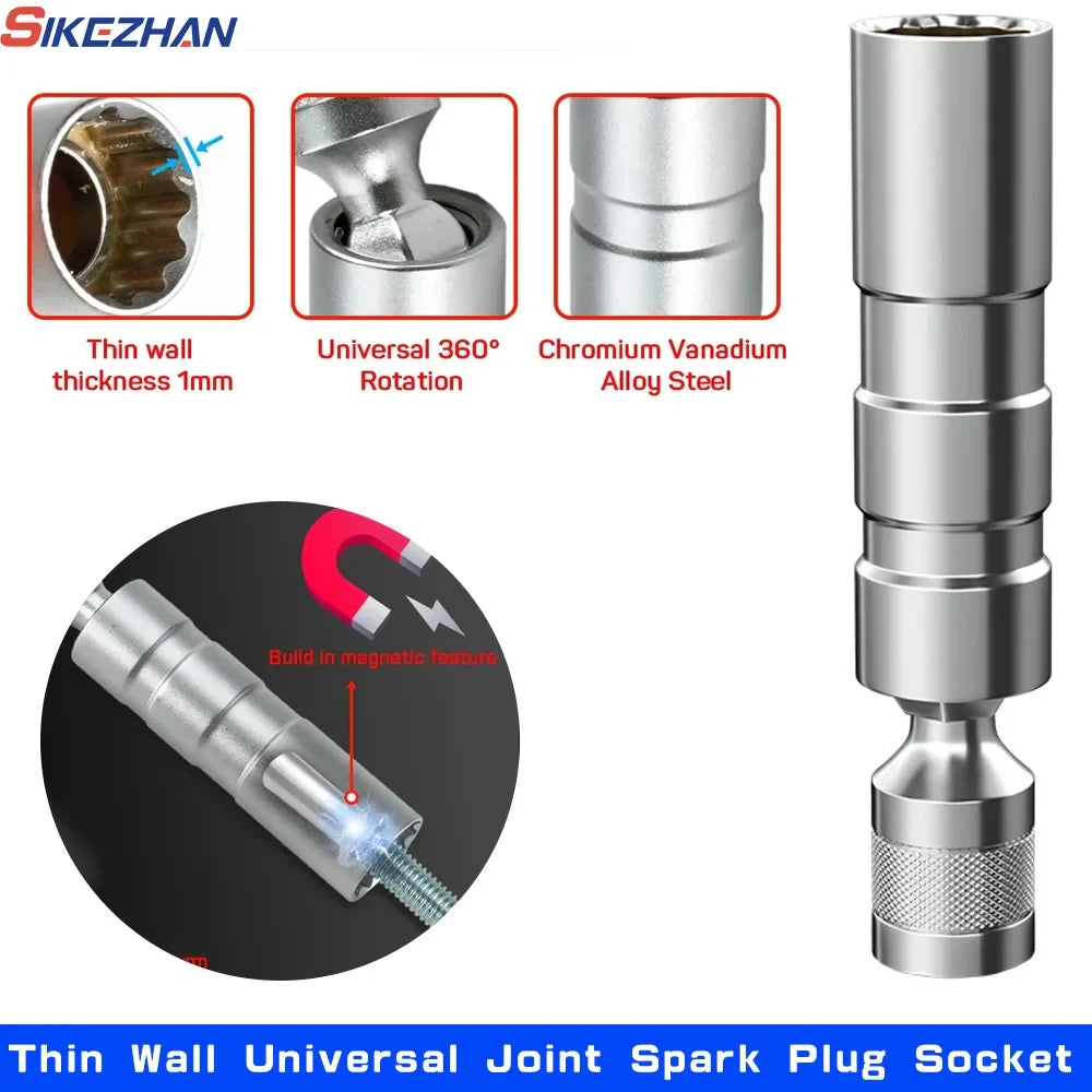 16mm With Magnetic Thin Wall Universal Joint Spark Plug Socket 12 Angle Flexible Socket Wrench Car Repair Tool
