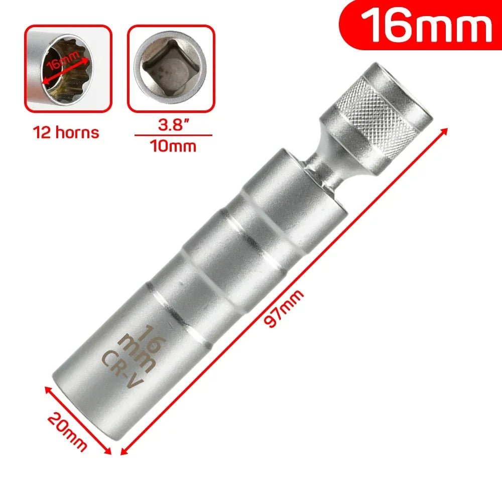 16mm With Magnetic Thin Wall Universal Joint Spark Plug Socket 12 Angle Flexible Socket Wrench Car Repair Tool